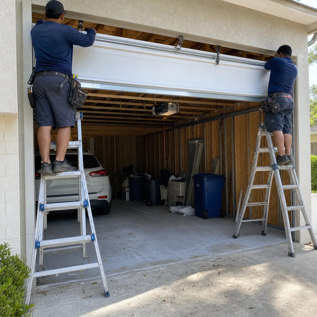 Two professional technicians performing a garage door installation on residential ladders