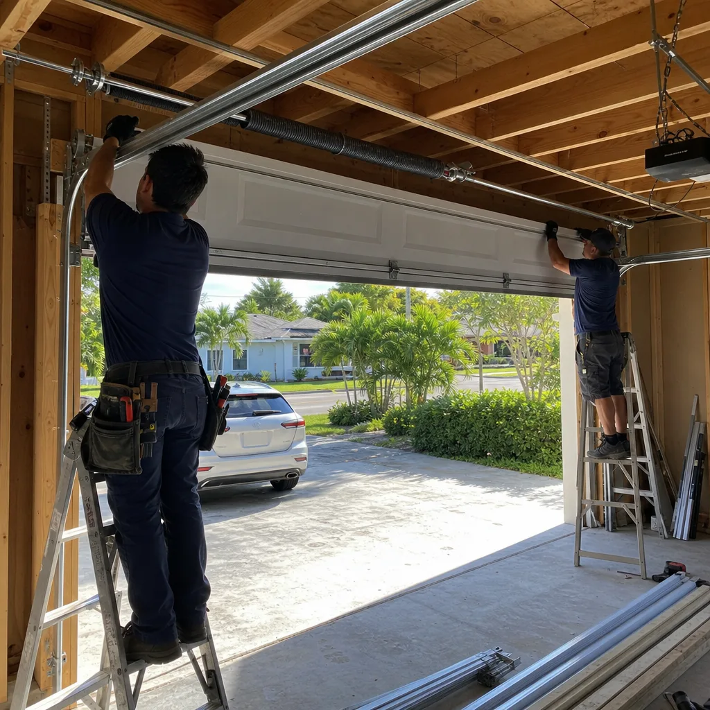Two professional technicians performing a new residential garage door installation