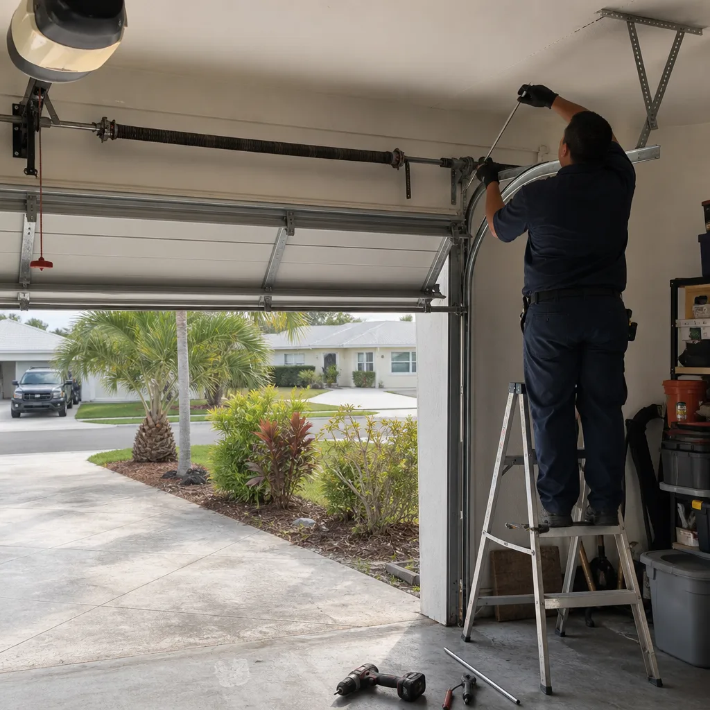 Technician performing professional garage door spring repair and maintenance